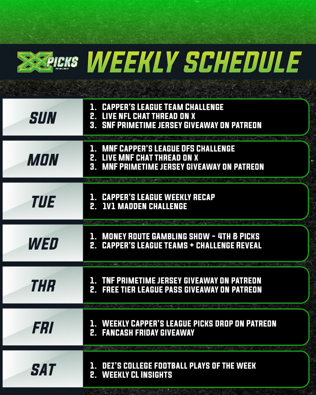 The weekly schedule